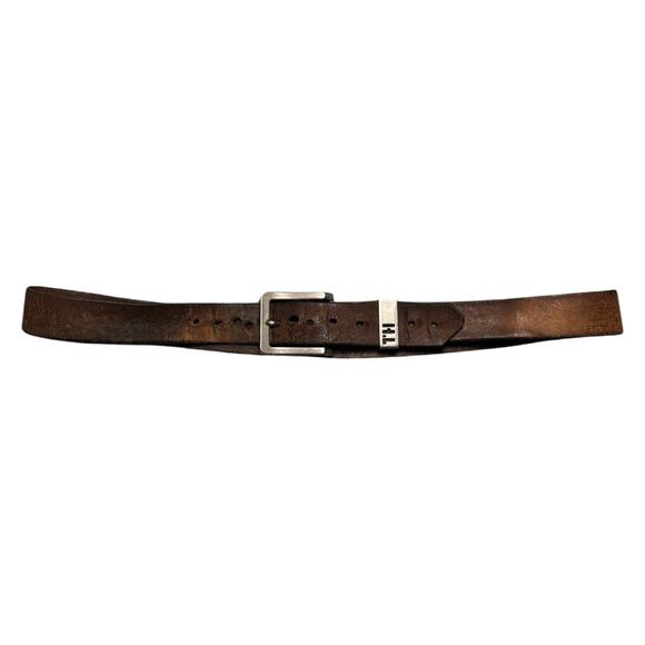 Vintage Tommy Hilfiger Brown Leather Belt Buckle Chrome Western 34-36" Flaws - Picture 1 of 6